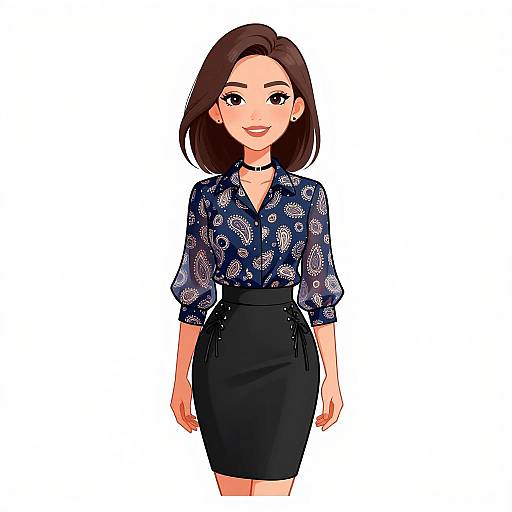 Digital anime-style illustration of a smiling young woman with fair skin, medium-length brown hair, wearing a navy paisley blouse and black high-waist