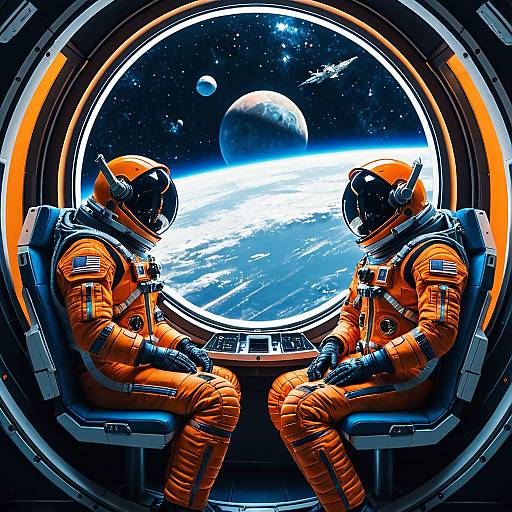 Astronauts Gazing at Distant Blue Planet