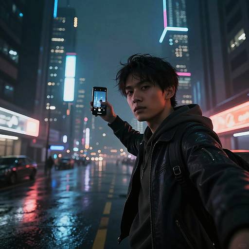 Photograph of a young man with messy black hair, in a dark jacket, holding a smartphone, standing on a neon-lit, rainy city street