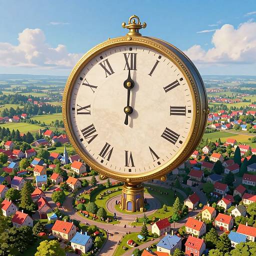 Gigantic, golden clock with Roman numerals towering over a colorful, suburban village with red, blue, and white houses under a bright blue sky