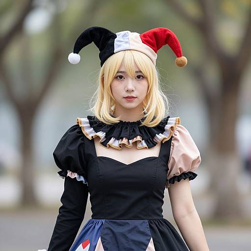 Photograph of an Asian woman with blonde hair, black-and-red jester hat, black dress with white and pink accents, standing outdoors among blurred trees