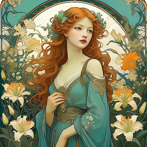 Art Nouveau Woman in Lily Garden
