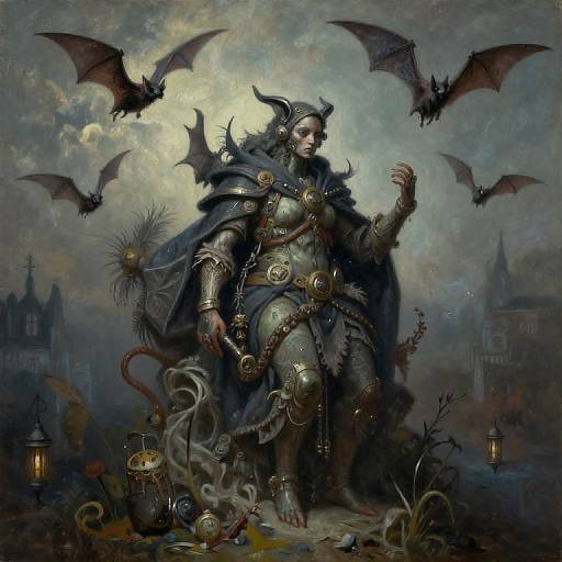 Digital fantasy artwork of a dark, armored witch with horns, surrounded by bats, wearing a spiked cape, holding a staff, amidst a gothic,