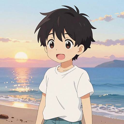 Anime Boy on Beach at Sunset