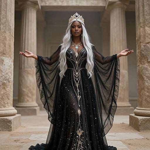 Digital illustration of a regal Black woman with long white hair, wearing a black, gold-embroidered gown, sheer veil, and golden crown