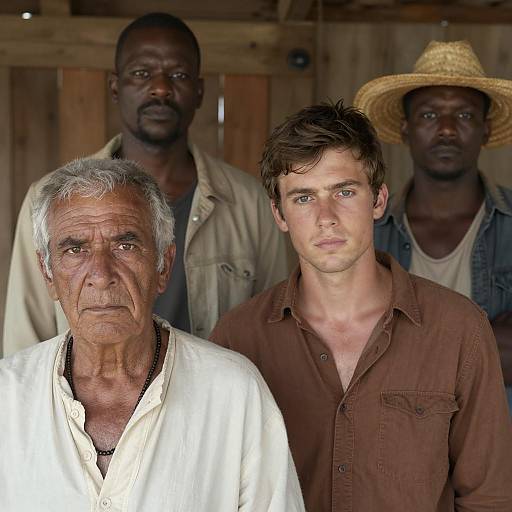Four Men in Rustic Wooden Setting