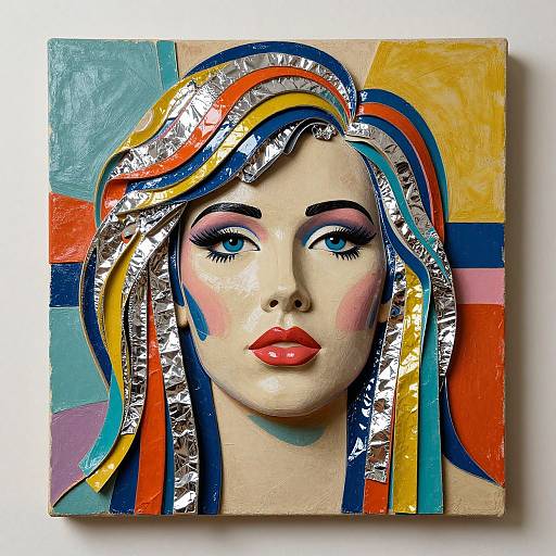 Colorful abstract painting of a woman with pink cheeks, blue eyes, and red lips, featuring silver foil and multicolored hair strands.