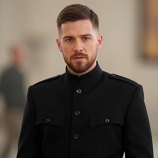 Photograph of a serious, bearded Caucasian man with short brown hair, wearing a black military-style coat, standing in a blurred indoor setting.