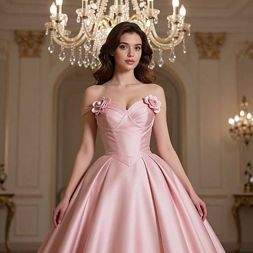 Photograph of a brunette woman in a pink satin off-shoulder ball gown with rose embellishments, standing in an opulent room with a grand