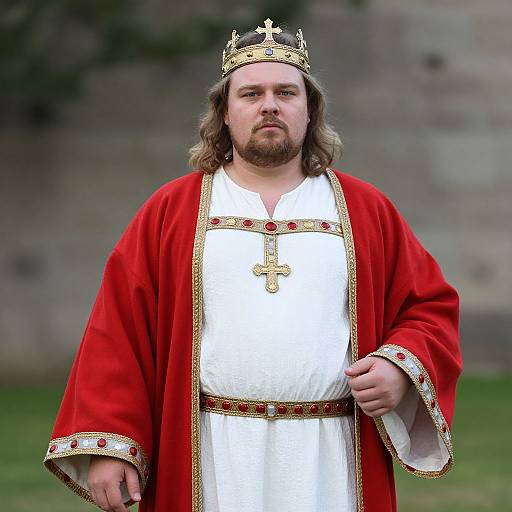 Photograph of a bearded man with long brown hair, wearing a gold crown, red robe, and white tunic with gold and red trim,