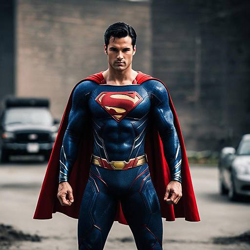 Man in Classic Superman Suit with Red Cape