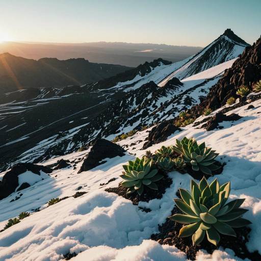 Succulents on Snowy Volcanic Slope at Sunrise