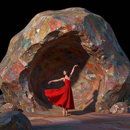 Photorealistic digital art: Elegant woman in flowing red dress dances gracefully in front of a colorful, textured rock arch against a black background.