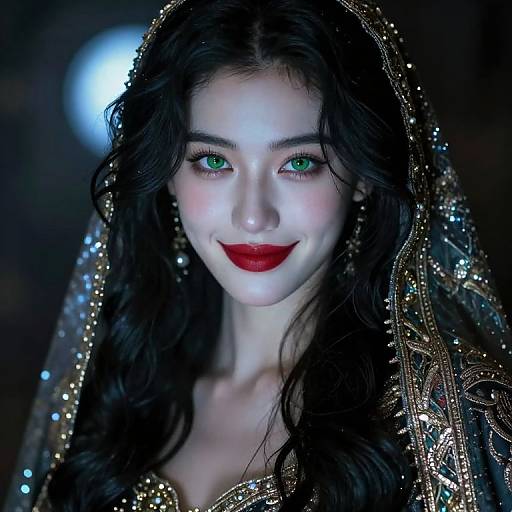 Digital portrait of a fair-skinned woman with striking green eyes, red lips, and long black hair, wearing a sparkling, ornate veil, set