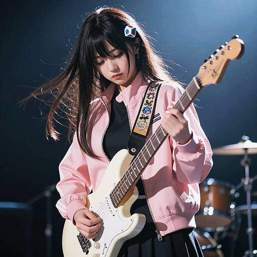 Photograph of an Asian female guitarist with long black hair, wearing a pink jacket, black dress, and white electric guitar, performing on stage with dramatic
