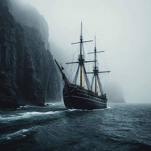 Phantom Ship Sailing Through Foggy Cliffs