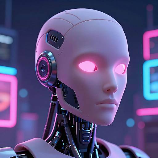 CGI image of a futuristic, white-skinned robot with glowing pink eyes, sleek metallic neck, and neon-lit cyberpunk background.