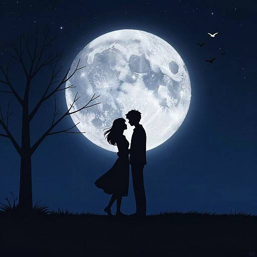 Silhouetted couple kissing under a bright full moon, surrounded by stars, bare tree, and flying birds in a dark night sky.