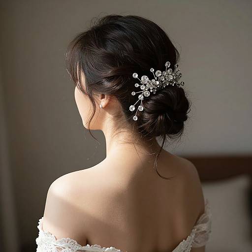 Photograph of an Asian woman with dark hair in an updo, adorned with sparkling hairpins, wearing an off-shoulder white lace dress,