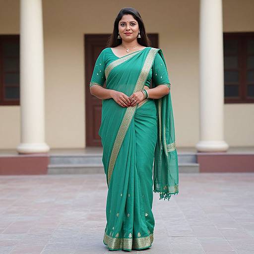 Photograph of a confident Indian woman with medium brown skin and long black hair, wearing a green saree with gold trim, standing in a sunlit