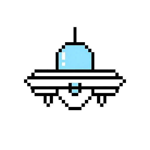Pixel art of a small, white spaceship with a large, blue dome and black outline, set against a white background.