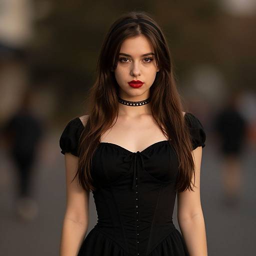 Photograph of a young woman with long brown hair, red lipstick, wearing a black choker and dress, standing in a blurred urban background.