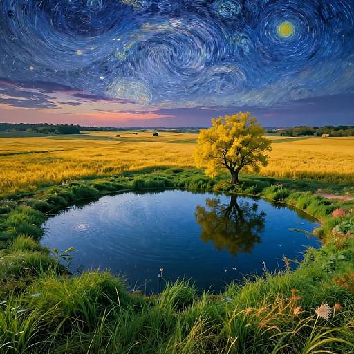 Vibrant digital painting of a reflective pond, yellow tree, swirling blue starry sky, and golden field at sunset. Starry night sky blends
