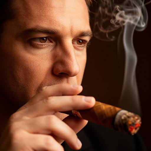 Close-up photograph of a man with fair skin, intense eyes, and dark hair, holding a lit cigar, with smoke curling upward.