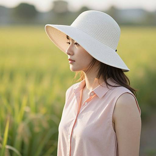 Photograph of an Asian woman with fair skin, wearing a white sunhat and pink sleeveless shirt, standing in a sunlit green field.