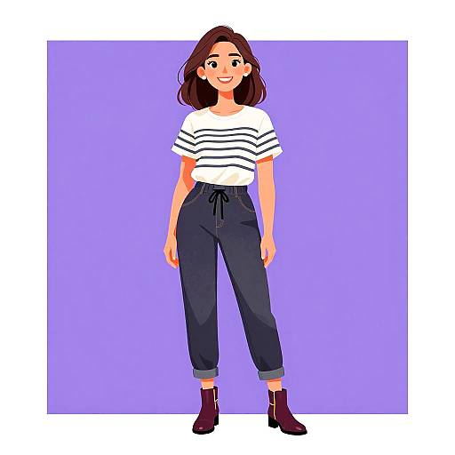 Digital illustration of a smiling woman with brown hair, wearing a white striped shirt, high-waisted black pants, and purple boots, against a purple
