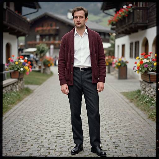 Photograph of a serious-looking man in a white shirt, maroon cardigan, black pants, and black shoes, standing on a cobblestone