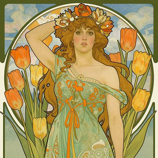 Art Nouveau Woman with Floral Crown
