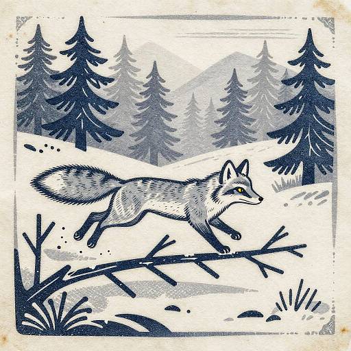 Silver Fox in Alpine Woodcut Style