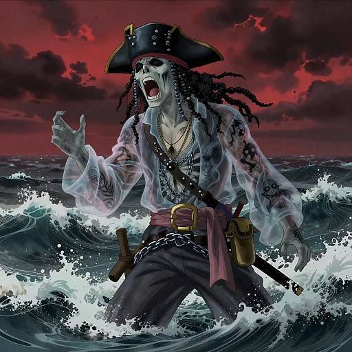 Digital illustration of a fierce, white-skinned, skeletal pirate with black dreadlocks, translucent shirt, and tricorn hat, shouting amidst turbulent ocean waves