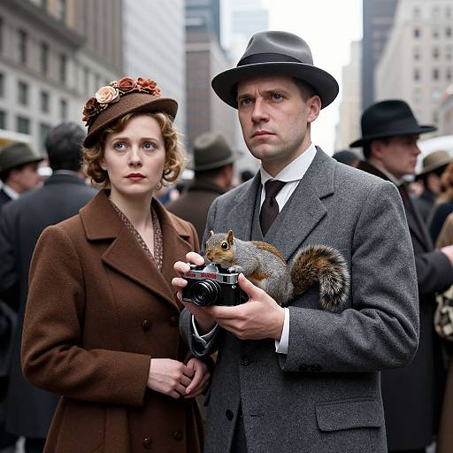 Solemn Couple with Squirrel in Midtown