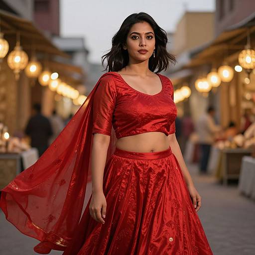 Photograph of a confident South Asian woman with medium skin tone, black wavy hair, wearing a vibrant red traditional outfit with a crop top and flowing