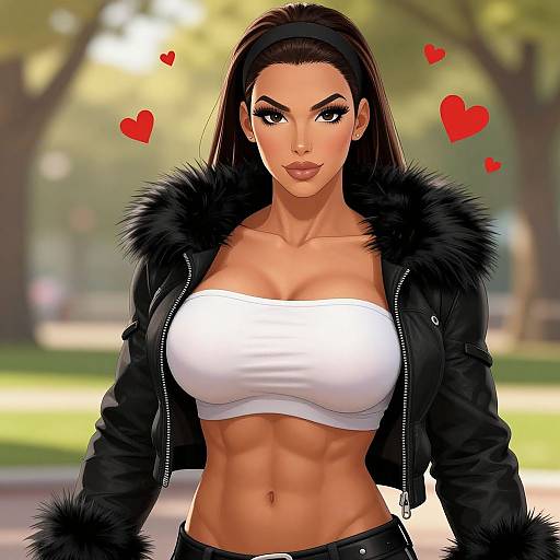 Digital art of a muscular, tan-skinned woman with black hair, wearing a white tube top, black fur jacket, and black pants, with red