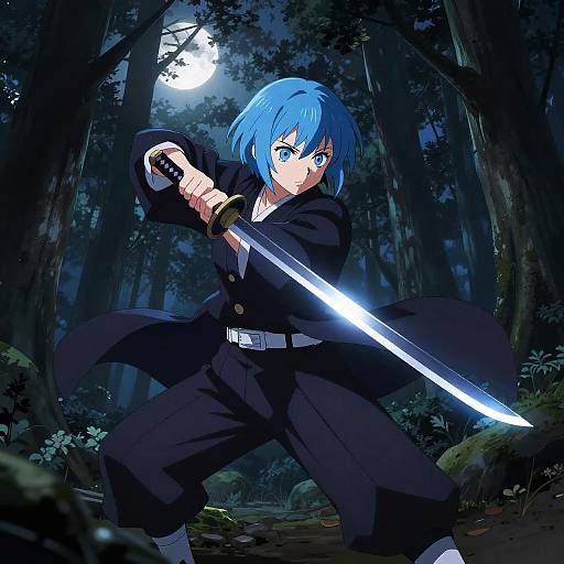 Anime-style digital artwork of a blue-haired character with intense blue eyes, wielding a glowing sword in a dark, moonlit forest.