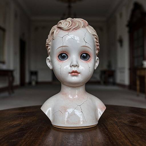 Photograph of a cracked porcelain doll head with wide blue eyes, pale skin, and blonde hair, placed on a wooden table in a dimly lit