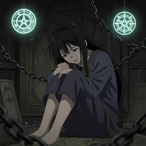 Anime-style digital drawing of a sad, black-haired girl in a dark blue dress, sitting in a dimly lit, chained room with glowing, circular