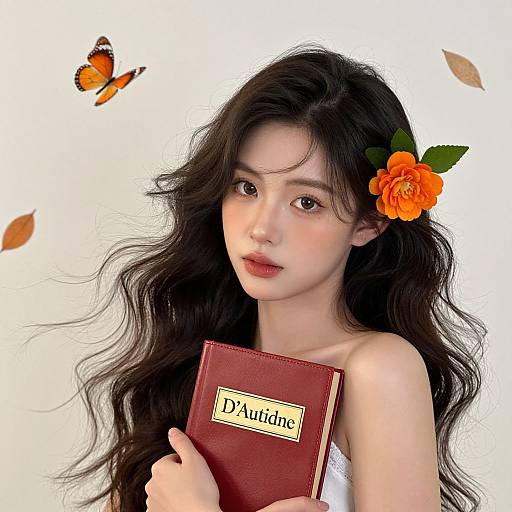Digital artwork of an Asian woman with long, wavy black hair, orange flower in hair, holding a red book labeled 