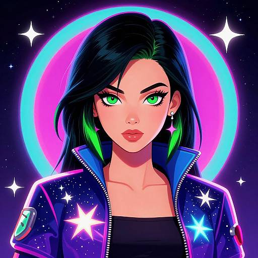 Digital art of a striking woman with green eyes, black hair, and neon green highlights, wearing a starry, neon jacket against a glowing blue and