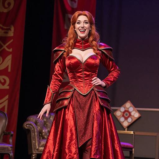 Photograph of a smiling woman with red hair, wearing a vibrant red, medieval-style corset dress with intricate gold details, standing on a stage with