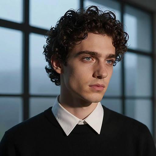 Curly Haired Man in Black Shirt by Window
