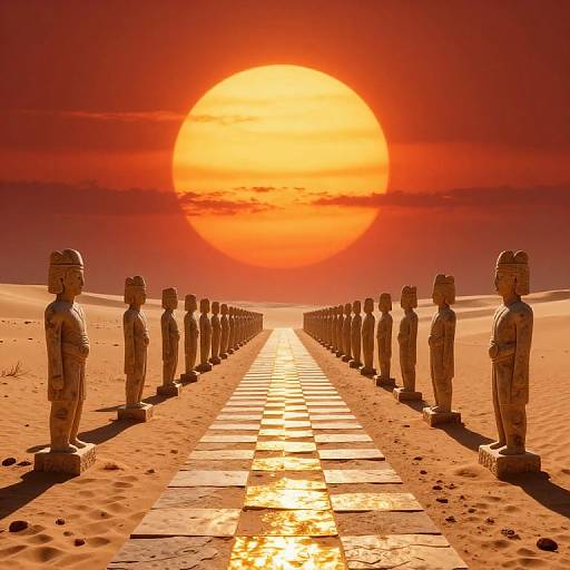 Photograph of a desert sunset with a massive, glowing orange sun. Stone statues line a stone pathway extending into the distance, casting long shadows on the