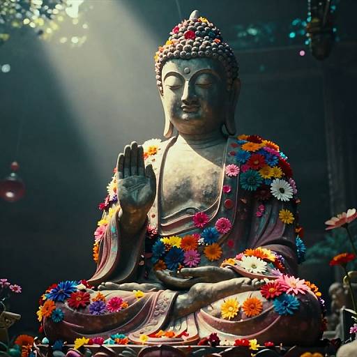 Photograph of a serene Buddha statue adorned with colorful flowers, seated with right hand in a blessing gesture, illuminated by soft light.