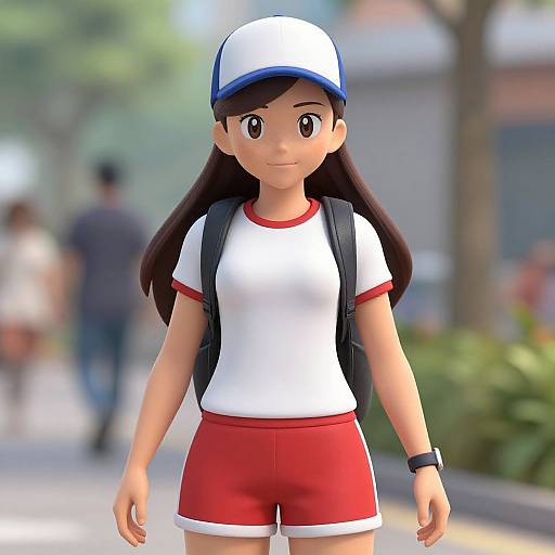 3D-rendered anime-style girl with long dark hair, white cap, white shirt, red shorts, black backpack, and watch, standing outdoors.