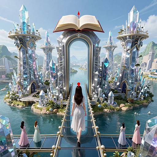 Digital fantasy artwork: Woman in white dress walks toward glowing crystal archway over water, surrounded by crystal towers, with open book above. Four people in
