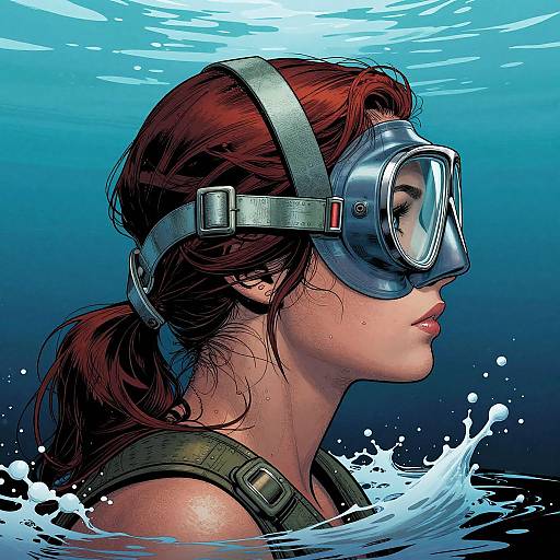 Digital artwork of a red-haired woman with scuba gear, gazing underwater, surrounded by splashing water and blue gradients.