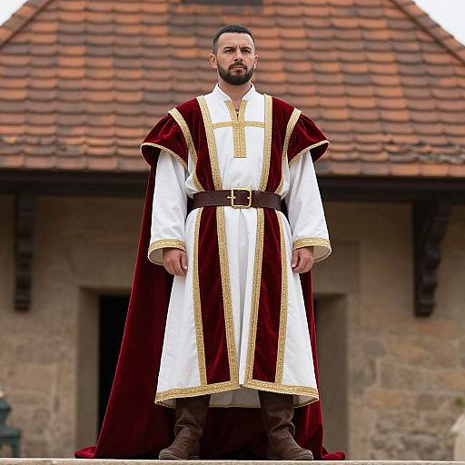Photorealistic image of a bearded man with dark hair, wearing a white and red velvet medieval robe with gold trim, standing in front of a